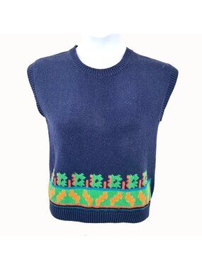 VINTAGE RLM NAVY BLUE BRIGHT ORANGE & GREEN SLEEVELESS SWEATER - L